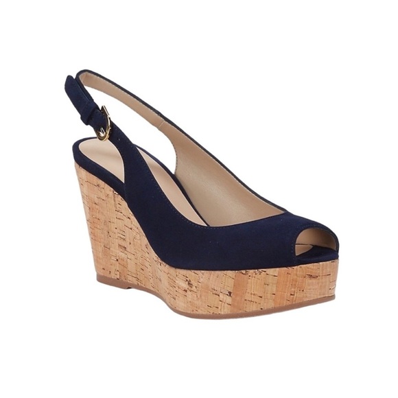 NEW STUART WEITZMAN Jean Suede Slingback Wedge Sandals Navy Blue Size 11.5 - Picture 1 of 10